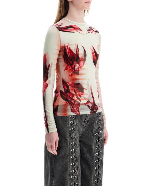 Jean Paul Gaultier Red Mint Jersey Top With Floral Pattern And Double Layer