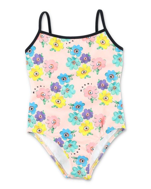 Marni Blue Vibrant Floral Print One-Piece Swimsuit For Girls