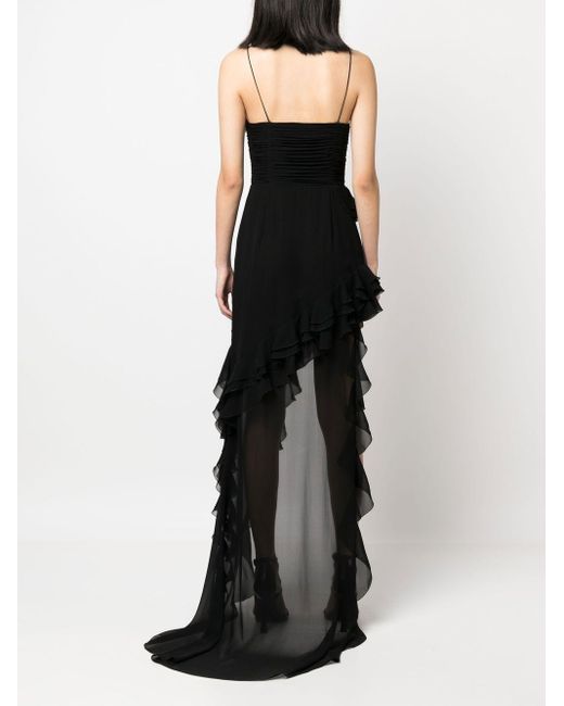 Alessandra Rich Black Ruffles Detail Silk Georgette Evening Dress