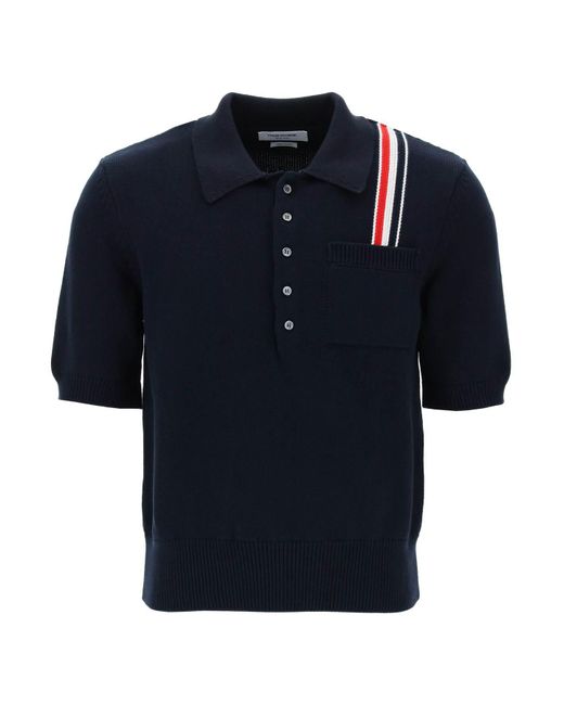 Thom Browne Baumwoll -Strick -Polo -Hemd mit RWB -Streifen in Blue für Herren