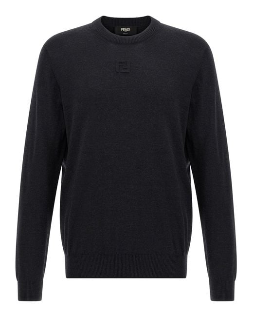 Fendi Embossed Logo Wool Yarn Sweater With Crew Neck And in Blue für Herren