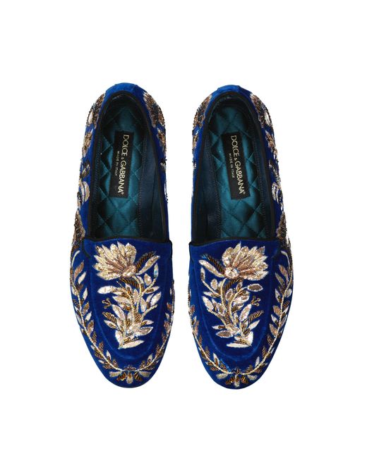 Dolce & Gabbana Blue Embelished Velvet Loafers for men