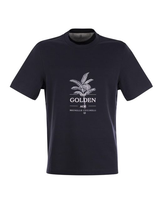 Brunello Cucinelli Crew Hals Basic Fit Cotton Jersey T -Shirt mit Druck in Blue für Herren