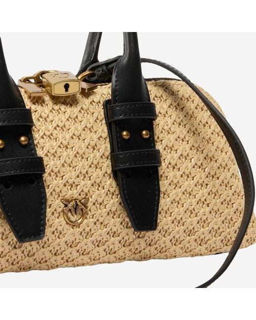 Pinko Brown Bowling Bag Escape Horizontal Leather/Raffia