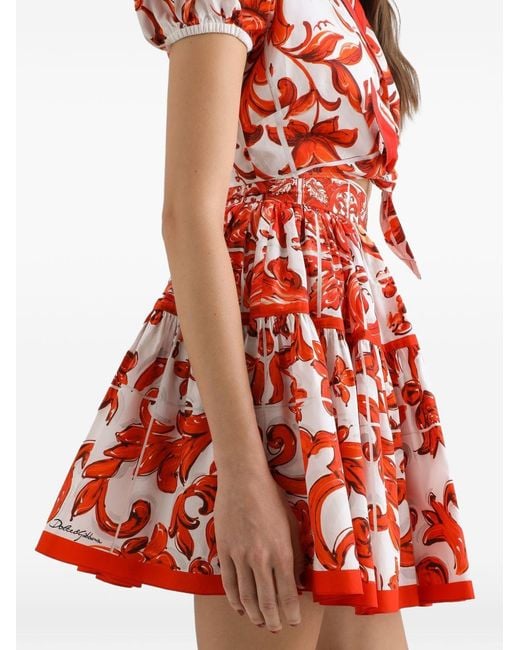 Dolce & Gabbana Red Maiolica Print Cotton Skirt