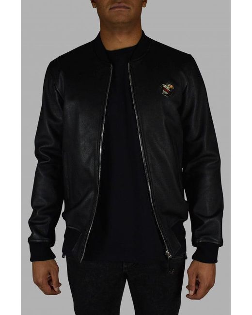 Philipp Plein Black Leather Bomber Jacket With Crest
