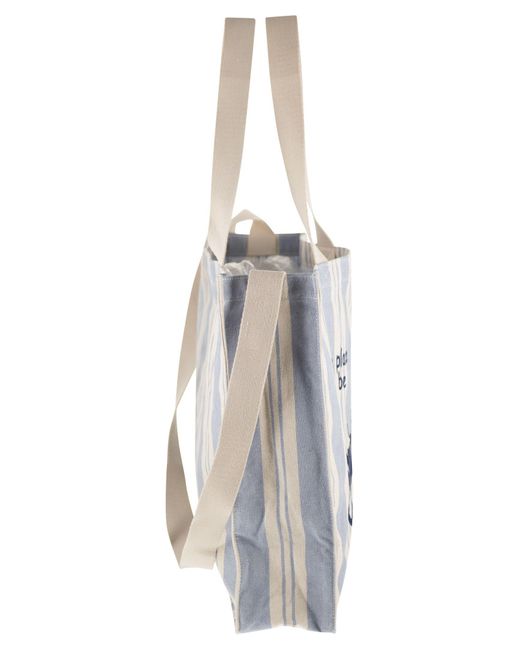 Mc2 Saint Barth White Striped Canvas Tote Bag With Embroidered Logo