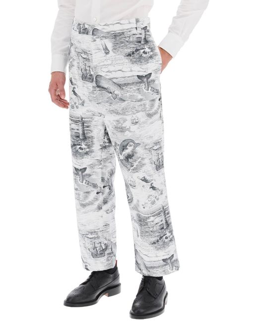 Pantaloni Cropped Con Motivo 'Nautical Toile' di Thom Browne in Gray da Uomo