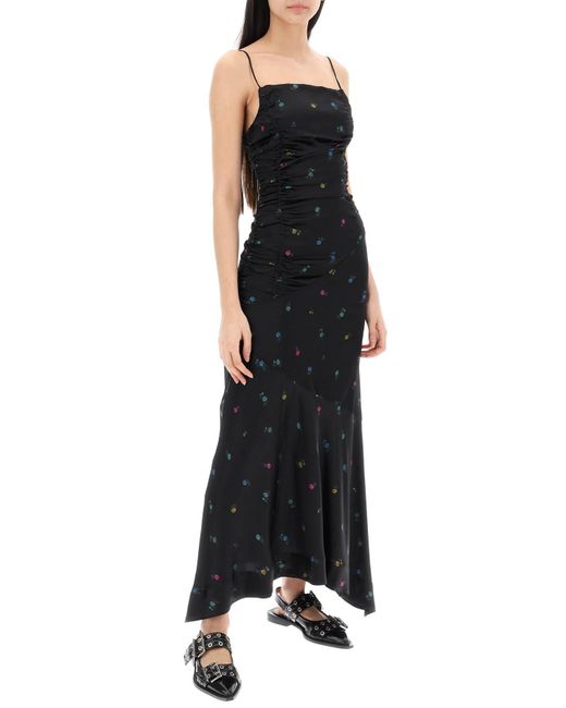 Ganni Black Blumensatin Maxi Kleid für Frauen