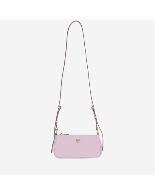 Pinko Pink Mini Half Moon Baguette Leather Bag With Logo