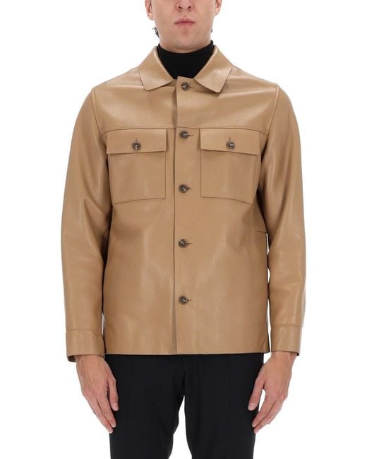 Boss Natural Shirt-Style Leather Jacket With Flap Pockets for men