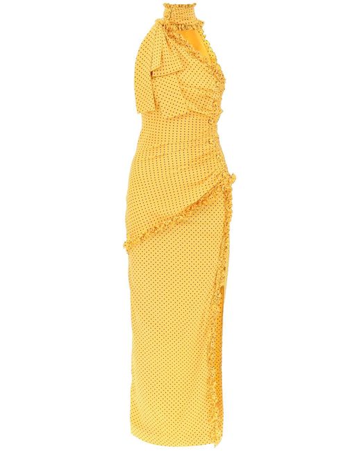 Alessandra Rich Polka Stip Een Schouder Maxi -jurk in het Yellow