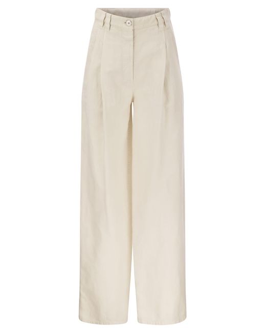 Pantalones relajados en ropa teñida de lino de algodón cubierto Brunello Cucinelli de color White