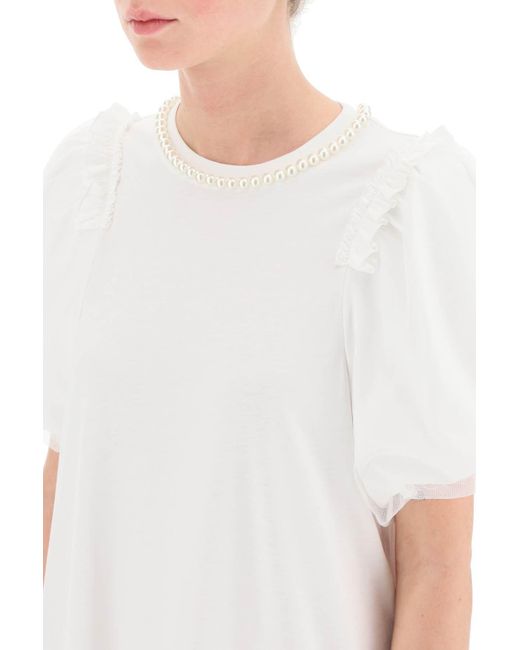 Simone Rocha White Baumwollkleid mit Tüllärmel und Perlen