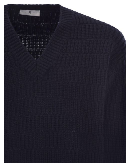 PT Torino Blue Wool Sweater With V-Neck for men
