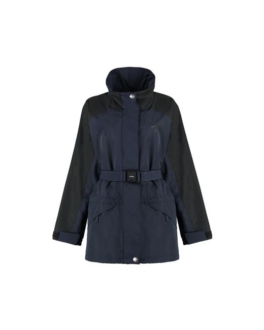 Prada Blue Techno Fabric Jacket With Adjustable Belt And Drawstrings For