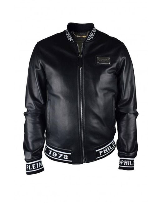 Philipp Plein Black Leather Bomber Jacket With Logo Accents