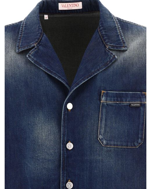 Valentino Cotton Bowling Shirt In Denim Chambray in het Blue