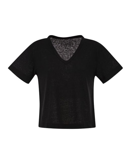 Majestic Black Stretch Linen T-Shirt With V-Neck