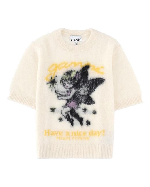 Ganni White Graphic Crew Neck Sweater