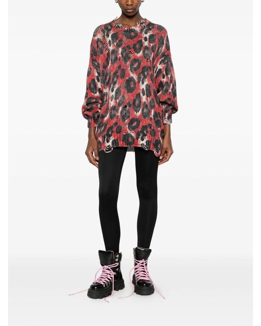 R13 Red Distressed-Trim Leopard-Print Sweater