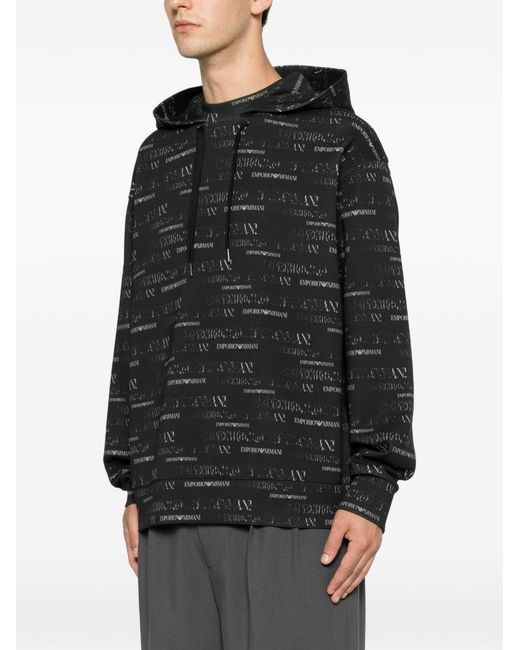 Emporio Armani Black Logo-Pattern Drawstring Hoodie