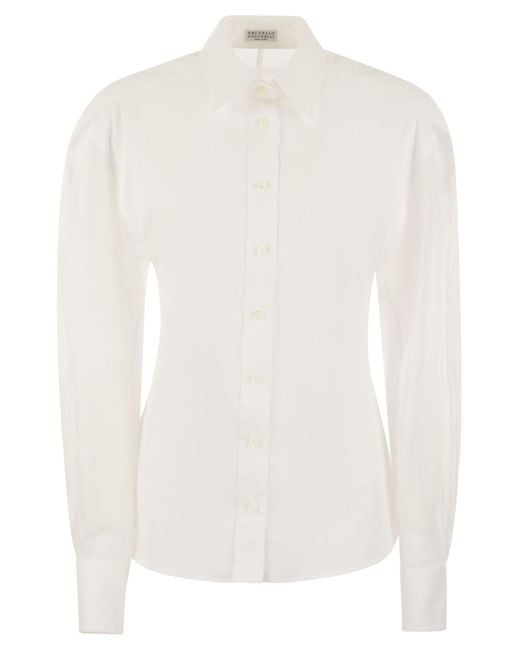 STRING COLTHY POPLIN Camiseta con mangas de organza y collar de algodón Brunello Cucinelli de color White