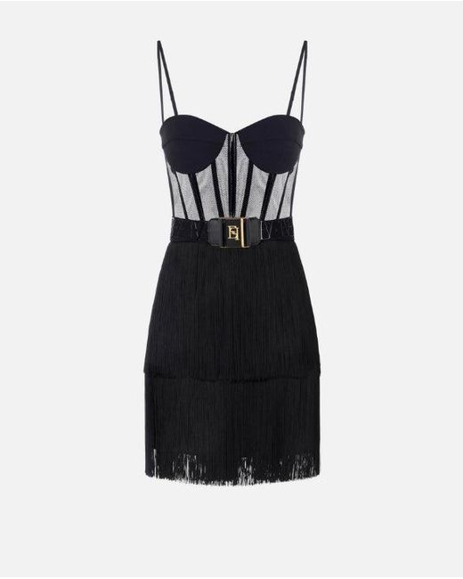 Elisabetta Franchi Black Mini -Kleid in Tüll und Fransen