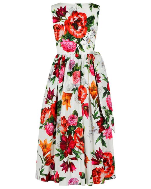 Dolce & Gabbana Red Ärmelloses Kleid in Baumwollpopelinblumendruck