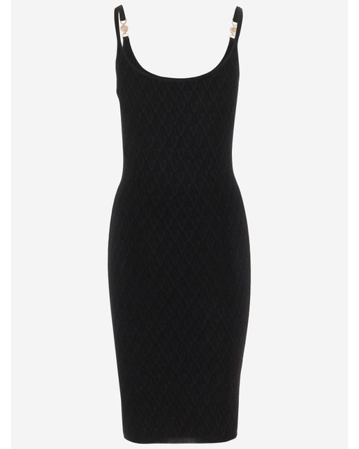 Versace Black Stretch V-Textured Knit Dress With Medusa Brooch Detail