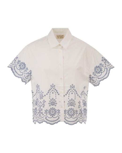 Mc2 Saint Barth White Cropped Cotton Shirt With Floral Embroidery