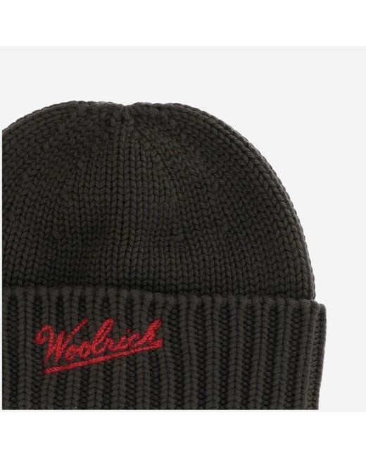 Woolrich Black Wool Beanie With Logo for men