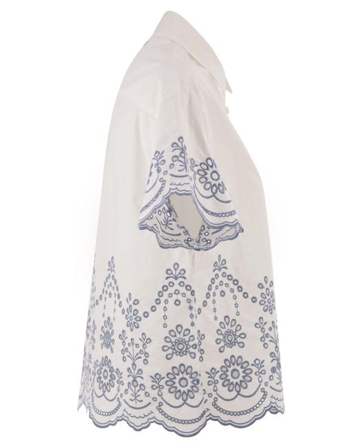 Mc2 Saint Barth White Cropped Cotton Shirt With Floral Embroidery