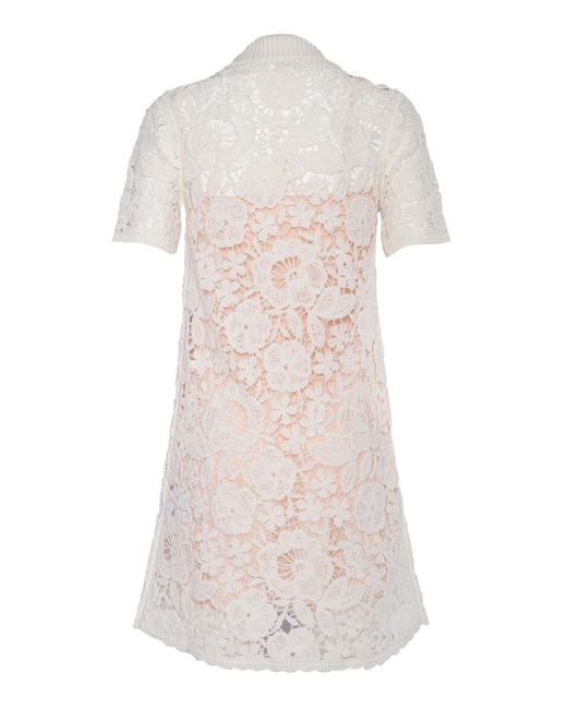 P.A.R.O.S.H. Natural Short Sleeve Lace Overlay Dress With Polo Collar