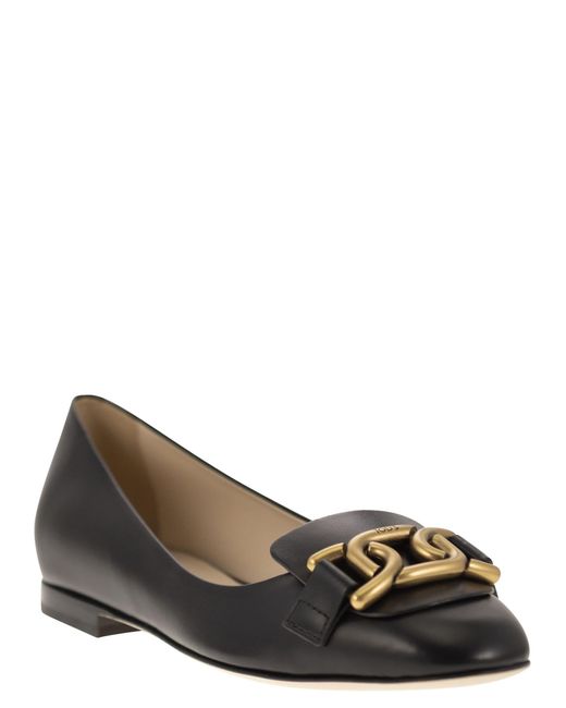 Tod's Black Mini Ballerina Flats With Metal Chain Detail