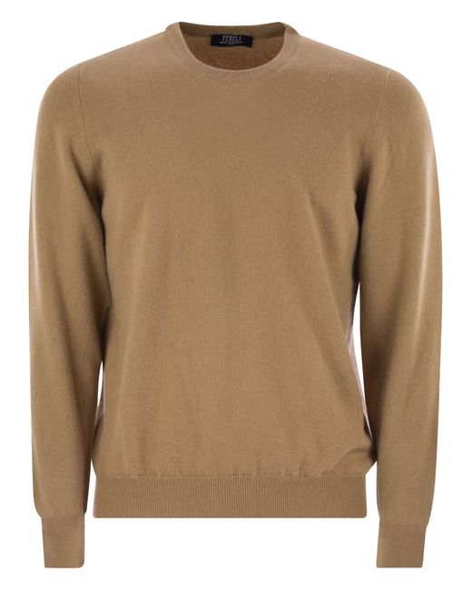 Fedeli Brown Argentina Baby Cashmere Crew Neck Sweater for men