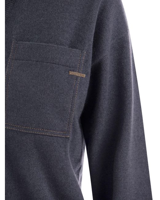 Cashmere maglione con tasca di Brunello Cucinelli in Blue