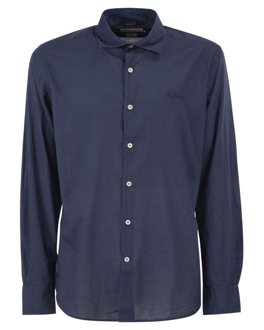 Mc2 Saint Barth Blue Cotton Poplin Shirt With Embroidered Logo for men