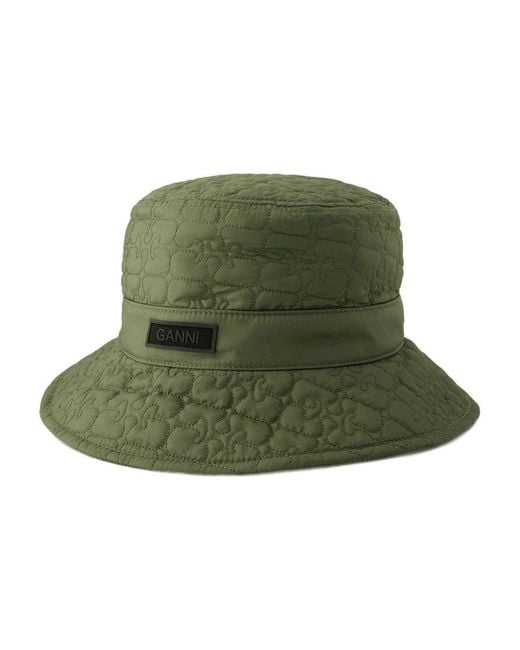 Ganni Green Quilted Tech Bucket Hat Synthetic