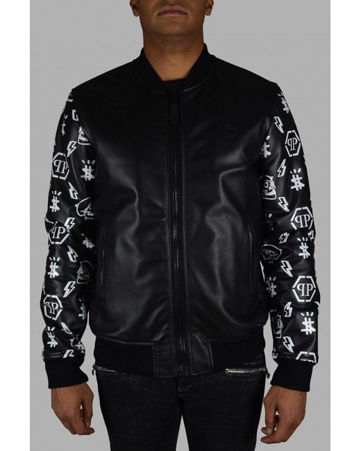 Philipp Plein Black Leather Bomber Jacket With Graphic Sleeves for men
