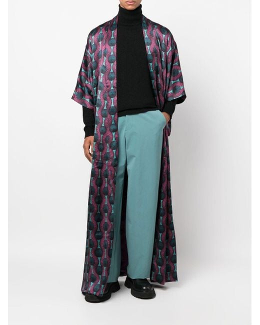 OZWALD BOATENG Blue Printed Silk Kimono Dress