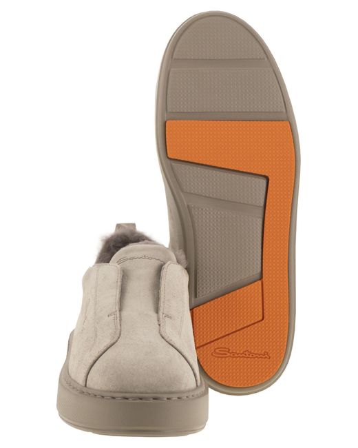 Santoni Brown Slip-On Suede Sneakers With Fur