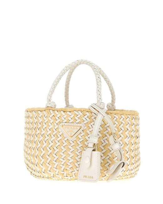 Prada Metallic Two Tone Leather And Raffia Handbag