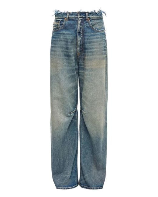 MM6 by Maison Margiela Blue High-Waisted Wide Leg Jeans With Frayed Waistband