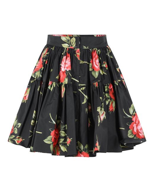 Dolce & Gabbana Black Kurzer Rock mit "Bouquet Rose"-Print aus schwarzer Baumwolle von