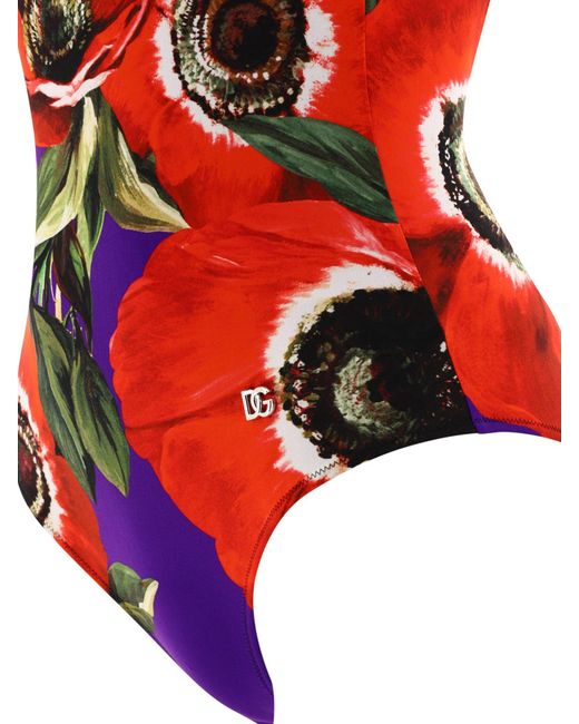 Dolce & Gabbana Red Racing Badeanzug mit Anemondruck