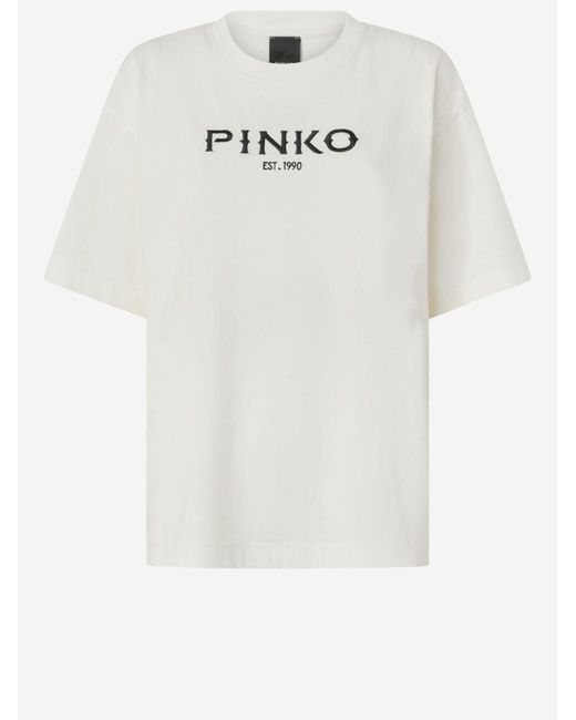 Pinko White Cotton T-Shirt Logo Print