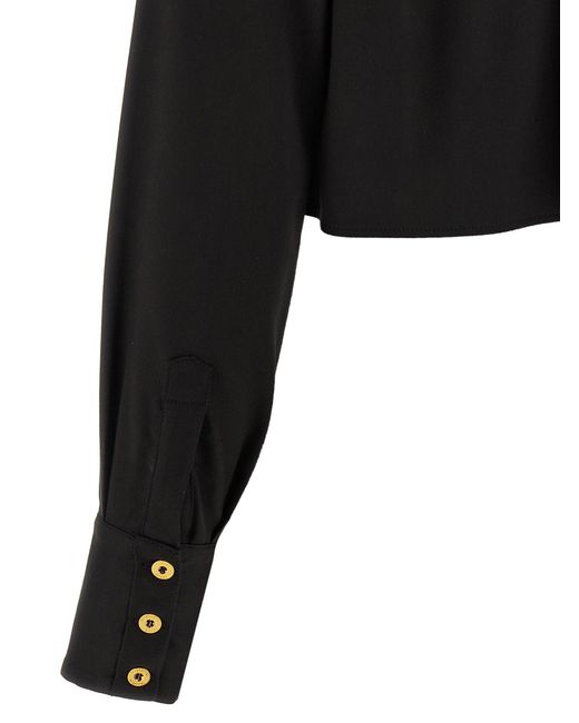 Elisabetta Franchi Black Cotton Satin Cropped Shirt With Padded Shoulders