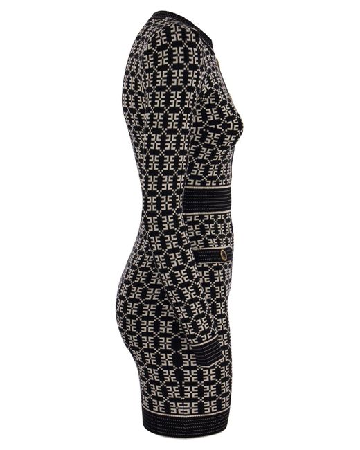 Elisabetta Franchi Black Jacquard Logo Knit Minidress
