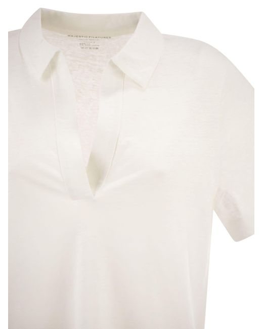 Majestic White Cropped Linen Stretch Polo With V-Neck